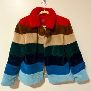 cute multicolored rainbow faux fur coat, size small